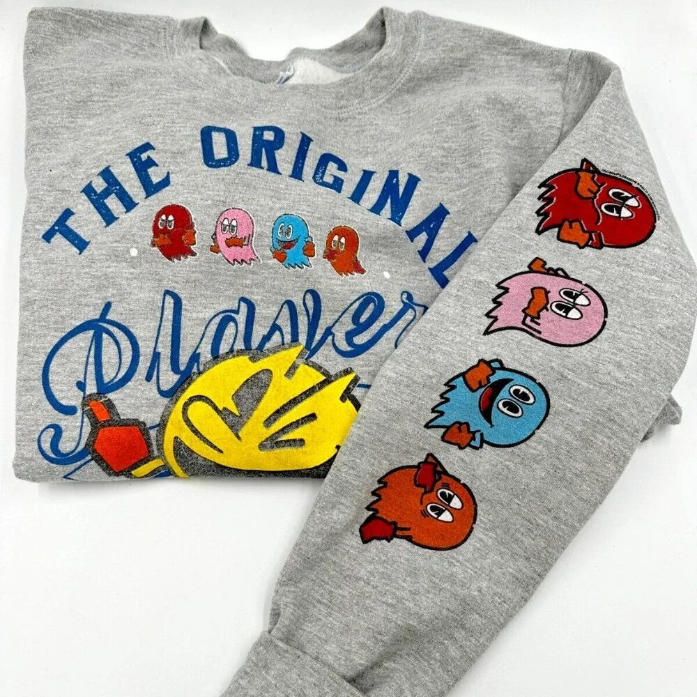 PacMan Sweater M Grey VIntage Game Sweatshirt Soft Gamer Pullover Crew Neck Top - Picture 1 of 5